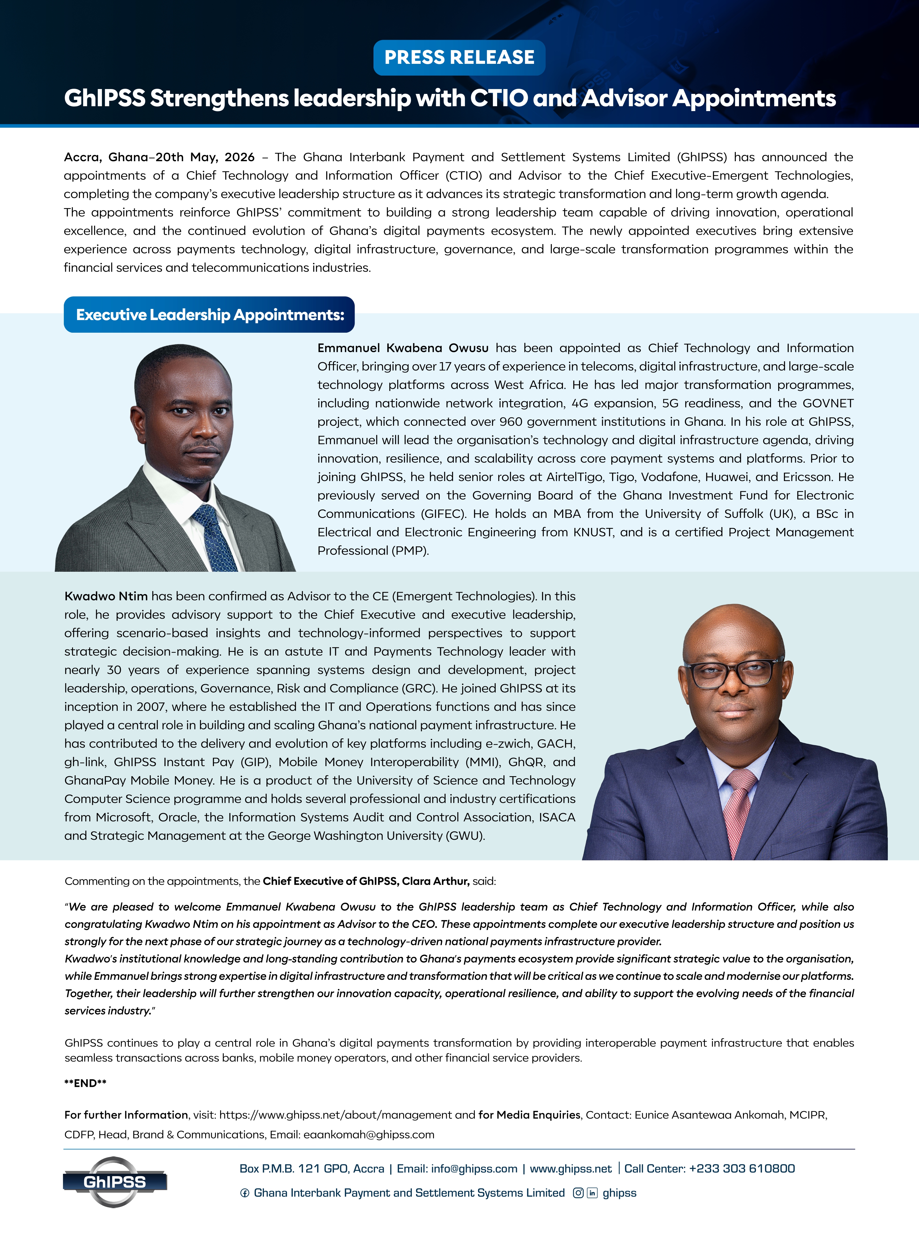GhIPSS Strengthens leadership with CTIO and Advisor Appointments